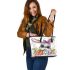 Cute bunny with big eyes and purple bow leather tote bag