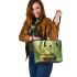 Cute cartoon frog sitting on a tree stump leaather tote bag