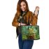 Cute cartoon frog sitting on a tree stump leaather tote bag