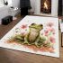 Cute cartoon frog sitting on the ground with pink flowers area rugs carpet