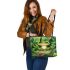 Cute cartoon illustration of a little frog with big eyes leaather tote bag