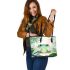 Cute cartoon illustration of a little frog with big eyes leaather tote bag