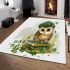 Cute cartoon owl wearing a green beret sitting on books area rugs carpet