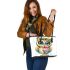 Cute cartoon owl with leopard headband holding leather tote bag