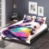 Cute cartoon panda bear holding a rainbow colored bedding set