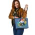 Cute cartoon panda in the style of rainbow paint splash leather tote bag