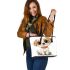 Cute cartoon puppy sitting with red collar leather tote bag