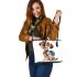 Cute cartoon puppy with a blue backpack leather tote bag