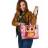 Cute chibi owl with a bow on its head leather tote bag