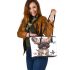 Cute grey french bulldog dog wearing a pink flower leather tote bag