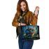 Cute owl cartoon with big blue eyes night scene with moon leather tote bag