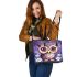 Cute owl cartoon with big eyes and yellow stars on its head leather tote bag