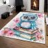 Cute owl sitting on books in pink and blue colors with flowers area rugs carpet