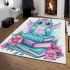 Cute owl sitting on books in pink and blue colors with flowers area rugs carpet