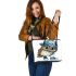 Cute owl wearing a blue cap and shoes leather tote bag