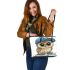 Cute owl wearing a blue cap and shoes leather tote bag