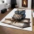 Cute owl wearing blue glasses sitting on books area rugs carpet