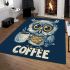 Cute owl with big yellow eyes holding a coffee cup area rugs carpet