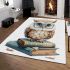 Cute owl with blue glasses sits on top of books area rugs carpet