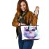 Cute owl with pink and blue colors and flowers around the eyes leather tote bag
