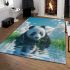 Cute panda is playing in the water area rugs carpet