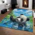 Cute panda is playing in the water area rugs carpet