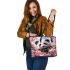 Cute panda surrounded among blooming cherry blossoms leather tote bag