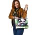 Cute panda wearing headphones and playing computer leather tote bag