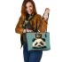 Cute panda with cat on its head leather tote bag