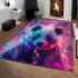 Cute panda with colorful smoke in front of a pink area rugs carpet