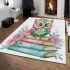 Cute pastel colorful owl sitting on top of books area rugs carpet