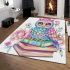 Cute pastel colorful owl sitting on top of books area rugs carpet