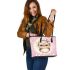 Cute pink and white polka dot background with stars leather tote bag