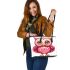 Cute pink owl with big eyes clipart leather tote bag