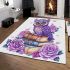 Cute purple owl sitting on top of books surrounded by pink roses area rugs carpet