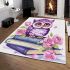 Cute purple owl sitting on top of books with pink roses area rugs carpet