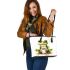 Cute watercolor green frog drinking coffee leaather tote bag