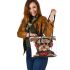 Cute yorkshire terrier dog wearing headphones leather tote bag