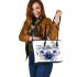 Dragonfly with blue flowers leather tote bag