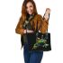 Green frog doing the peace sign in vibrant colors leaather tote bag