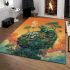 Green frog sitting on top of an island with trees and flowers area rugs carpet