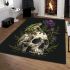 Green frog sitting on top of an skull with purple thistles growing area rugs carpet
