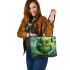 Green owl cartoon leather tote bag