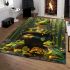 Green tree frog sits on top of a black pot with gold coins area rugs carpet