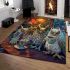 Group of owls drinking coffee in the style of cartoon area rugs carpet