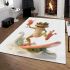 Happy frog wearing sunglasses surfing on a surfboard while holding area rugs carpet