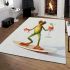 Happy frog wearing sunglasses surfing on a surfboard while holding area rugs carpet