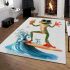 Happy frog wearing sunglasses surfing on a surfboard while holding area rugs carpet