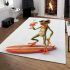 Happy frog wearing sunglasses surfing on a surfboard while holding area rugs carpet