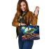 Illustration of a psychedelic frog on the moon leaather tote bag